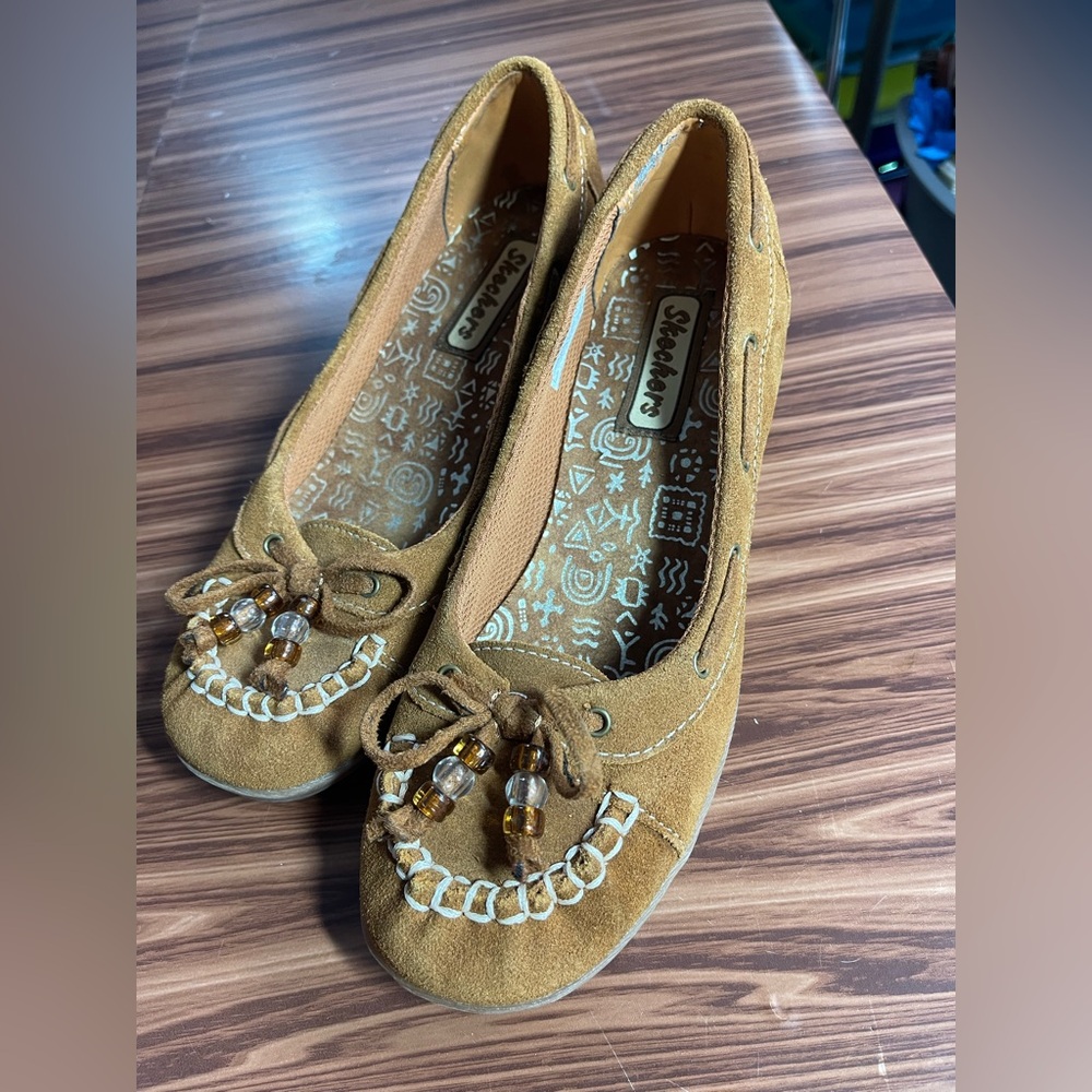 Skechers brown Suede Moccassins Wedge Heel size 6